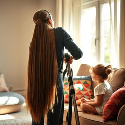 A woman with long, silky hair reaching the middle of her back, wearing a hairband