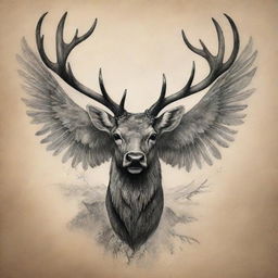 A captivating tattoo design featuring an elk with grand wings, a surreal expression of nature's majesty.