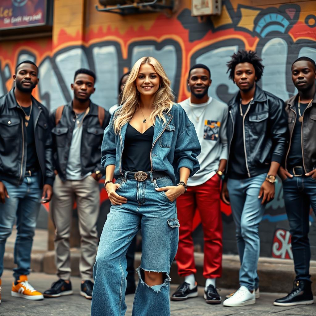 A blonde woman wearing stylish, oversized blue jeans standing confidently, surrounded by a group of fashionable black men