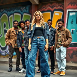 A blonde woman wearing stylish, oversized blue jeans standing confidently, surrounded by a group of fashionable black men