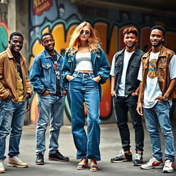 A blonde woman wearing stylish, oversized blue jeans standing confidently, surrounded by a group of fashionable black men