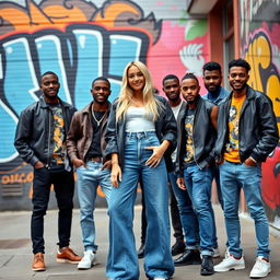 A blonde woman wearing stylish, oversized blue jeans standing confidently, surrounded by a group of fashionable black men