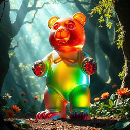 A large and vibrant gummy bear with a majestic and protective aura, positioned as a guardian in a mythical forest