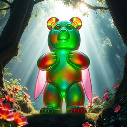 A large and vibrant gummy bear with a majestic and protective aura, positioned as a guardian in a mythical forest