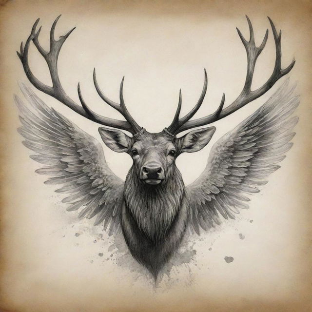 A captivating tattoo design featuring an elk with grand wings, a surreal expression of nature's majesty.