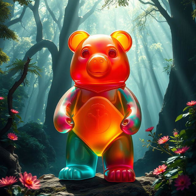 A large and vibrant gummy bear with a majestic and protective aura, positioned as a guardian in a mythical forest