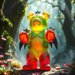 A large and vibrant gummy bear with a majestic and protective aura, positioned as a guardian in a mythical forest