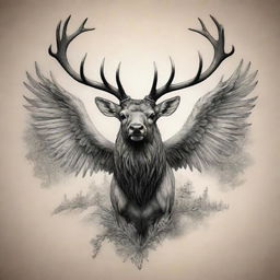 A captivating tattoo design featuring an elk with grand wings, a surreal expression of nature's majesty.