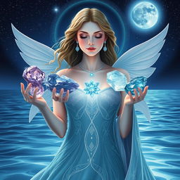 A mystical Pisces Goddess holding Amethyst, Moonstone, Aquamarine, and Fluorite, each gemstone pulsating with dream-like and compassionate energy