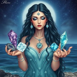 A mystical Pisces Goddess holding Amethyst, Moonstone, Aquamarine, and Fluorite, each gemstone pulsating with dream-like and compassionate energy