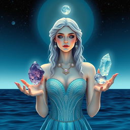 A mystical Pisces Goddess holding Amethyst, Moonstone, Aquamarine, and Fluorite, each gemstone pulsating with dream-like and compassionate energy