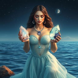 A mystical Pisces Goddess holding Amethyst, Moonstone, Aquamarine, and Fluorite, each gemstone pulsating with dream-like and compassionate energy