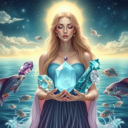 A mystical Pisces Goddess holding Amethyst, Moonstone, Aquamarine, and Fluorite, each gemstone pulsating with dream-like and compassionate energy