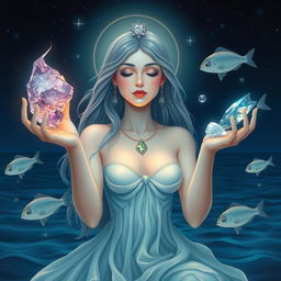 A mystical Pisces Goddess holding Amethyst, Moonstone, Aquamarine, and Fluorite, each gemstone pulsating with dream-like and compassionate energy