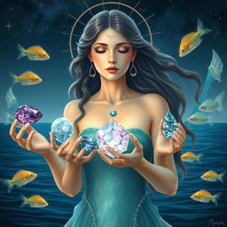 A mystical Pisces Goddess holding Amethyst, Moonstone, Aquamarine, and Fluorite, each gemstone pulsating with dream-like and compassionate energy