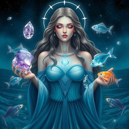 A mystical Pisces Goddess holding Amethyst, Moonstone, Aquamarine, and Fluorite, each gemstone pulsating with dream-like and compassionate energy