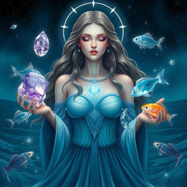 A mystical Pisces Goddess holding Amethyst, Moonstone, Aquamarine, and Fluorite, each gemstone pulsating with dream-like and compassionate energy