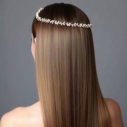 A woman with long hair reaching down to the middle of her back, extremely smooth and cascading down seamlessly, adorned with a delicate hairband