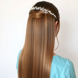 A woman with long hair reaching down to the middle of her back, extremely smooth and cascading down seamlessly, adorned with a delicate hairband