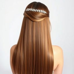 A woman with long hair reaching down to the middle of her back, extremely smooth and cascading down seamlessly, adorned with a delicate hairband