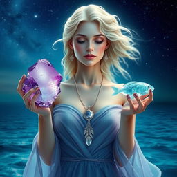 A mystical Pisces Goddess holding Amethyst, Moonstone, and Aquamarine, each gemstone glowing with deep, intuitive energy