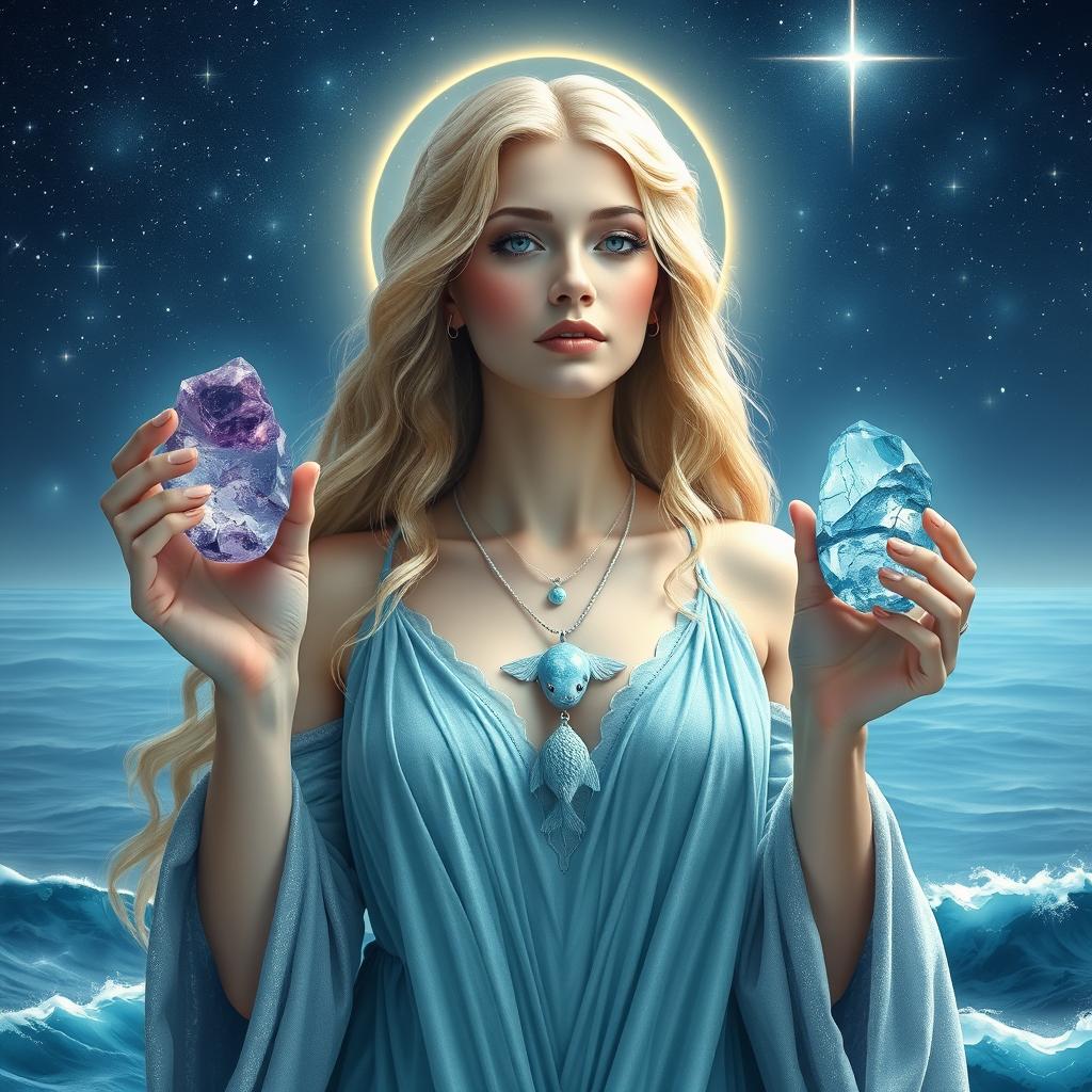 A mystical Pisces Goddess holding Amethyst, Moonstone, and Aquamarine, each gemstone glowing with deep, intuitive energy