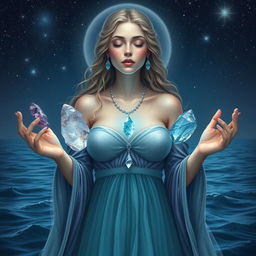 A mystical Pisces Goddess holding Amethyst, Moonstone, and Aquamarine, each gemstone glowing with deep, intuitive energy