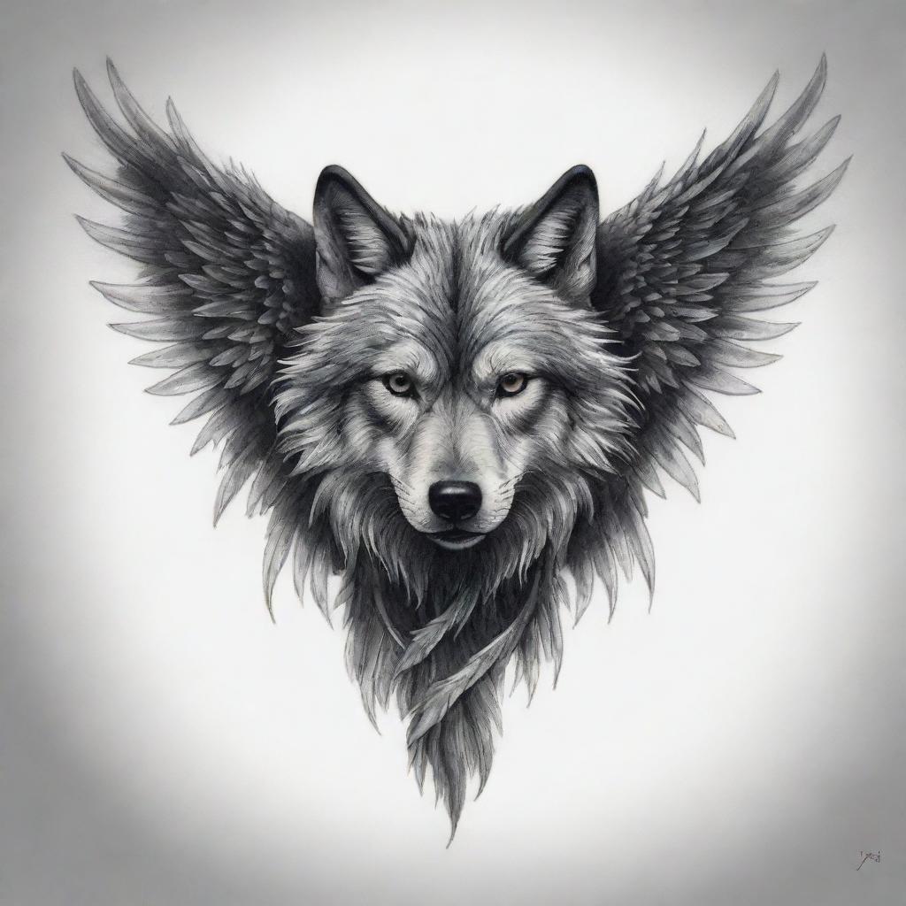 A spine-chilling tattoo design of a wolf with wings, symbolizing fierce independence and strength intertwined with elements of the ethereal.