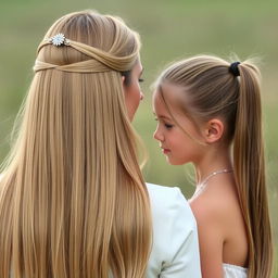 A woman with long, silky smooth hair that cascades down to the mid-back, adorned with a decorative headband