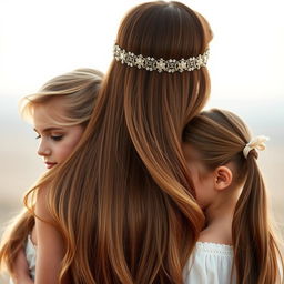 A woman with long, silky smooth hair that cascades down to the mid-back, adorned with a decorative headband