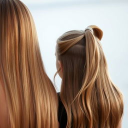 A woman with long, silky smooth hair that cascades down to the mid-back, adorned with a decorative headband