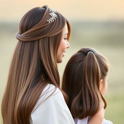 A woman with long, silky smooth hair that cascades down to the mid-back, adorned with a decorative headband