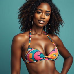 a woman with dark skin wearing a stylish bikini, featuring a vibrant design, standing confidently, showcasing an original and captivating expression, with an emphasis on her unique face and lively personality