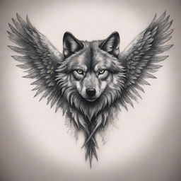 A spine-chilling tattoo design of a wolf with wings, symbolizing fierce independence and strength intertwined with elements of the ethereal.