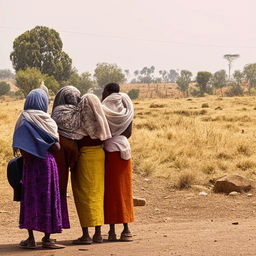 Ethiopian individuals patiently waiting for a bus, set against a rural backdrop showcasing the unique landscape and environment.