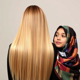 A glamorous Middle Eastern woman with long, straight, silky hair reaching to mid-back, cascading beautifully