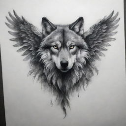 A spine-chilling tattoo design of a wolf with wings, symbolizing fierce independence and strength intertwined with elements of the ethereal.