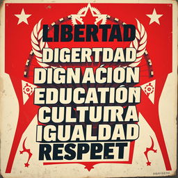 A street art poster in the style of vintage Russian propaganda posters, featuring the words "Libertad, Dignidad, Educación, Cultura, Igualdad, Respeto" prominently