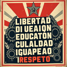 A street art poster in the style of vintage Russian propaganda posters, featuring the words "Libertad, Dignidad, Educación, Cultura, Igualdad, Respeto" prominently