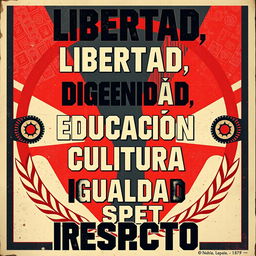 A street art poster in the style of vintage Russian propaganda posters, featuring the words "Libertad, Dignidad, Educación, Cultura, Igualdad, Respeto" prominently