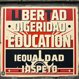 A street art poster in the style of vintage Russian propaganda posters, featuring the words "Libertad, Dignidad, Educación, Cultura, Igualdad, Respeto" prominently