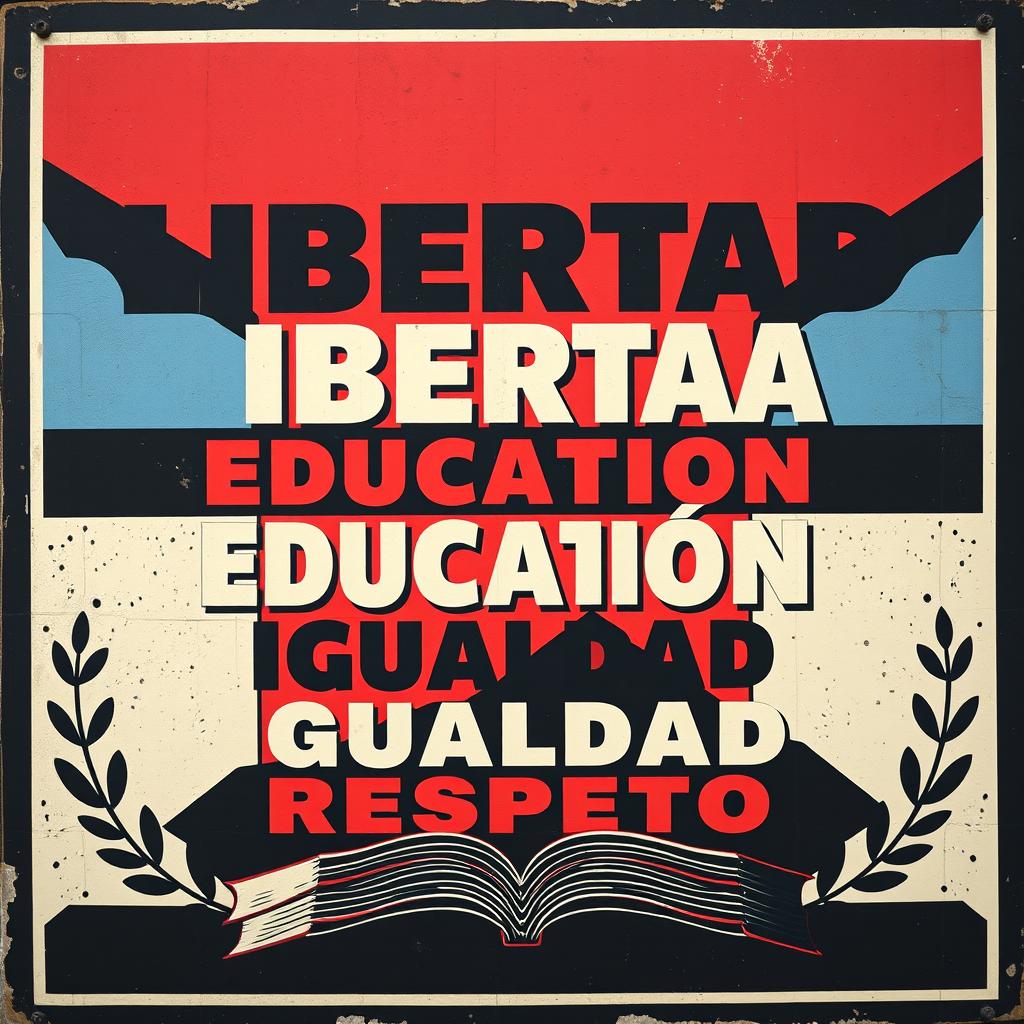 A street art poster in the style of vintage Russian propaganda posters, set in an Argentine context, featuring the words "Libertad, Dignidad, Educación, Cultura, Igualdad, Respeto" prominently