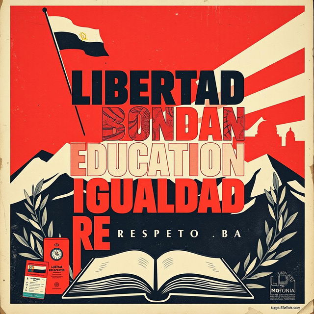 A street art poster in the style of vintage Russian propaganda posters, set in an Argentine context, featuring the words "Libertad, Dignidad, Educación, Cultura, Igualdad, Respeto" prominently