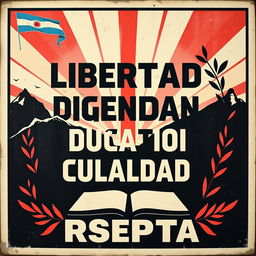 A street art poster in the style of vintage Russian propaganda posters, set in an Argentine context, featuring the words "Libertad, Dignidad, Educación, Cultura, Igualdad, Respeto" prominently