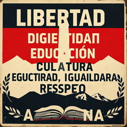 A street art poster in the style of vintage Russian propaganda posters, set in an Argentine context, featuring the words "Libertad, Dignidad, Educación, Cultura, Igualdad, Respeto" prominently