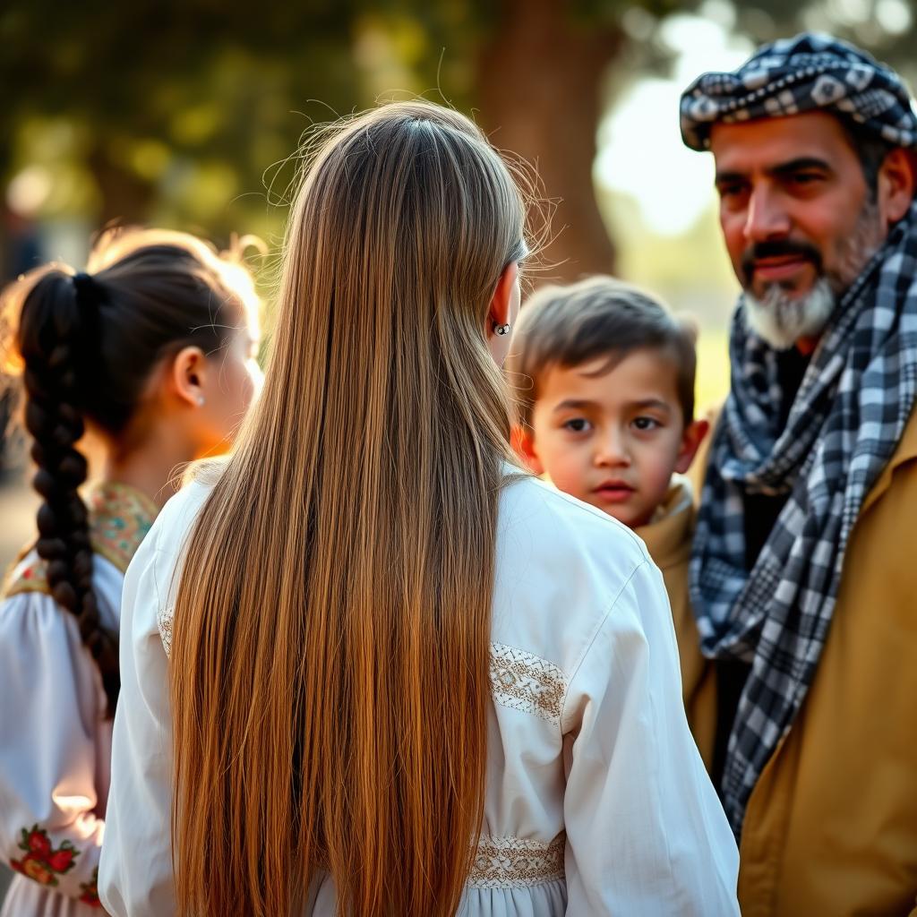 A woman with long, silky hair reaching the middle of her back, wearing a traditional Palestinian dress