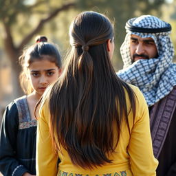 A woman with long, silky hair reaching the middle of her back, wearing a traditional Palestinian dress