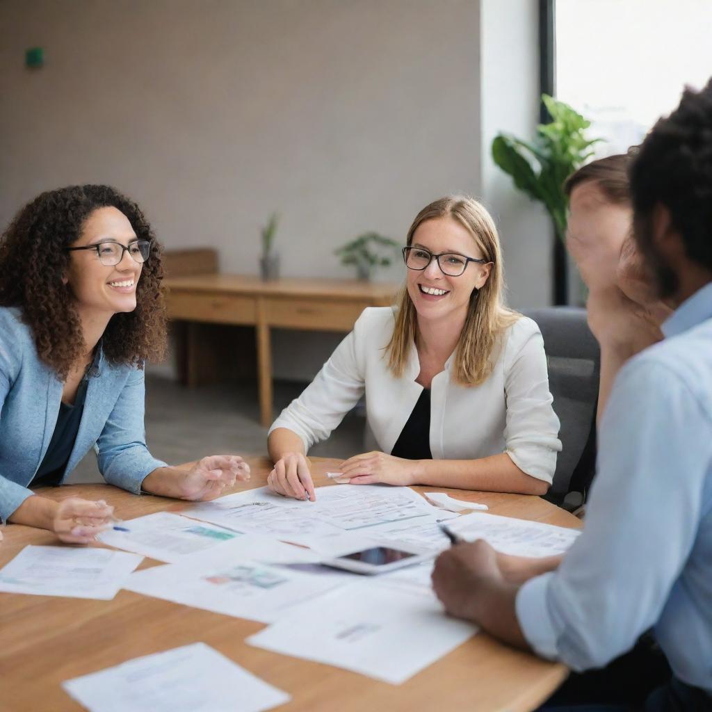 A professional coordinator actively facilitating a team collaboration in a friendly, optimistic workspace environment