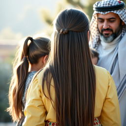 A woman with long, silky hair reaching the middle of her back, wearing a traditional Palestinian dress