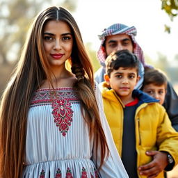 A woman with long, silky hair reaching the middle of her back, wearing a traditional Palestinian dress